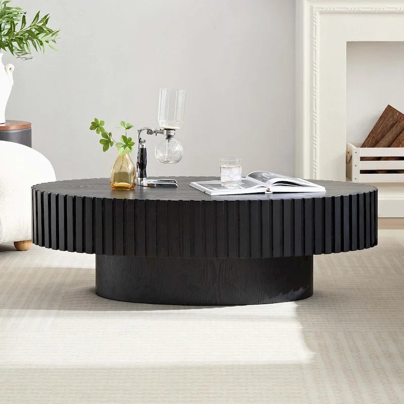 Table Basse Ronde avec Surface en Relief Bois et Piétement Socle