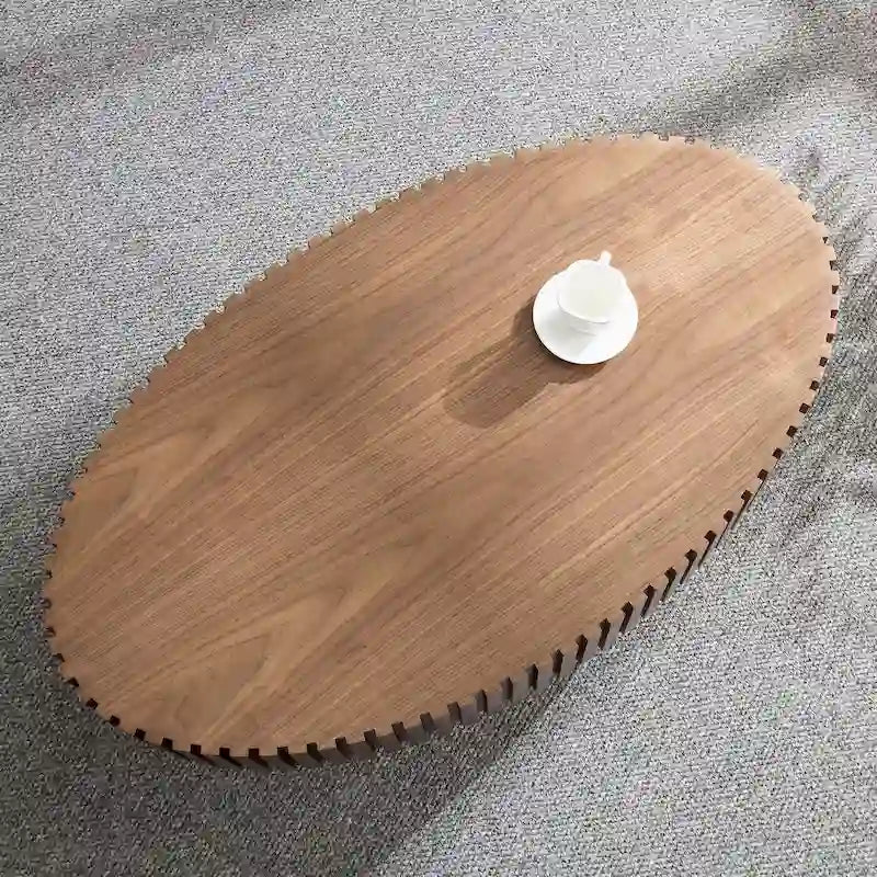 Table Basse Ronde avec Surface en Relief Bois et Piétement Socle