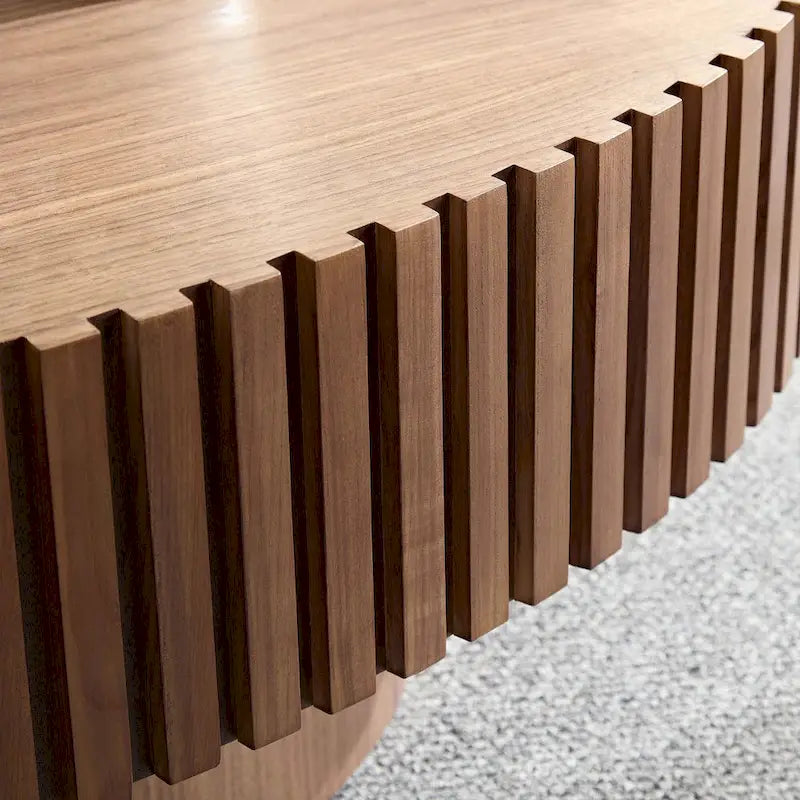 Table Basse Ronde avec Surface en Relief Bois et Piétement Socle