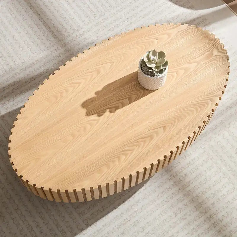 Table Basse Ronde avec Surface en Relief Bois et Piétement Socle