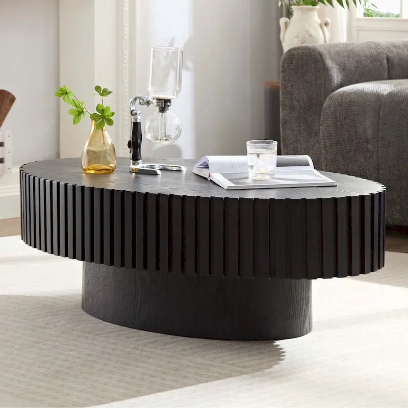 Table Basse Ronde avec Surface en Relief Bois et Piétement Socle