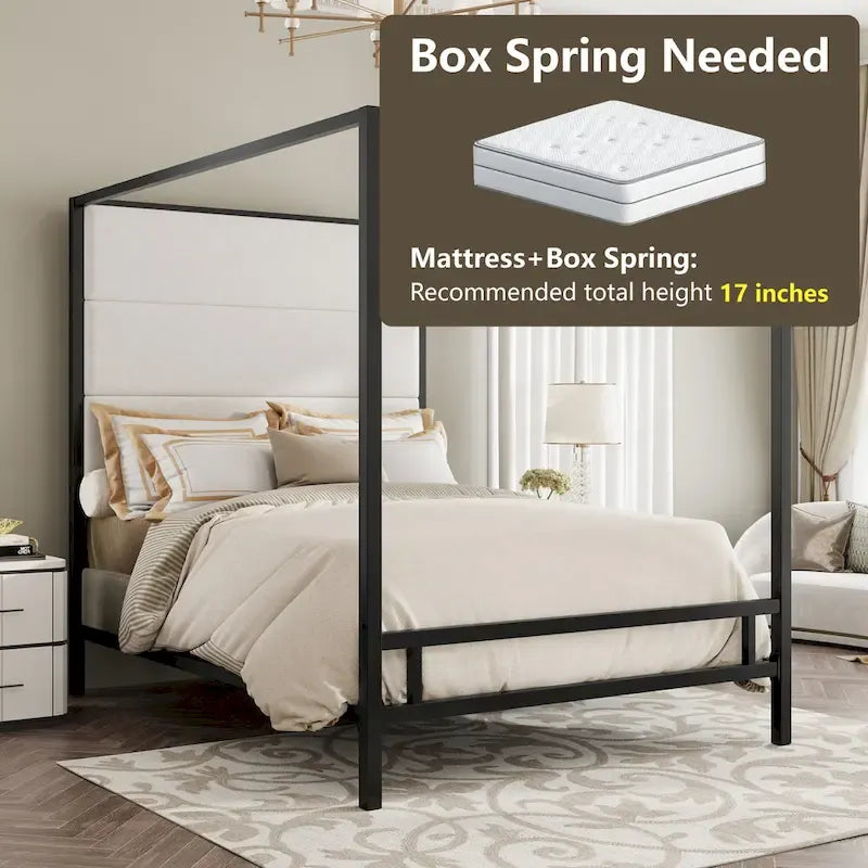 Modern Platform Canopy Bed with Wingback Upholstered Headboard and Metal 4-poster Bed Frame, Box Spring Needed Low Profile Bed