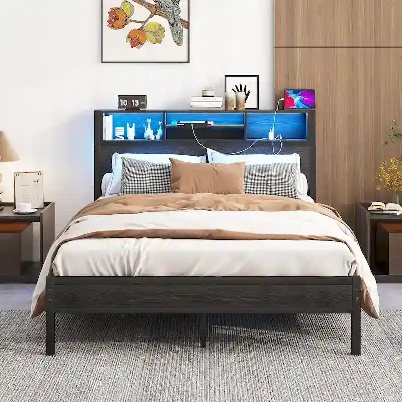 Lit plateforme en métal avec tête de lit LED, station de recharge et rangement sous le lit
