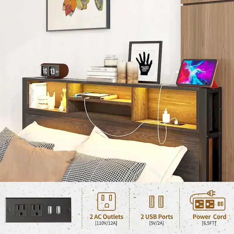 Lit plateforme en métal avec tête de lit LED, station de recharge et rangement sous le lit