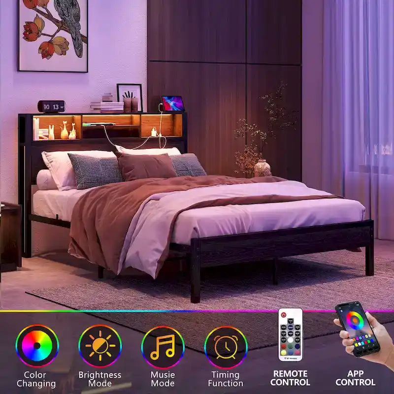 Lit plateforme en métal avec tête de lit LED, station de recharge et rangement sous le lit
