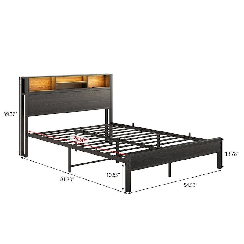 Lit plateforme en métal avec tête de lit LED, station de recharge et rangement sous le lit