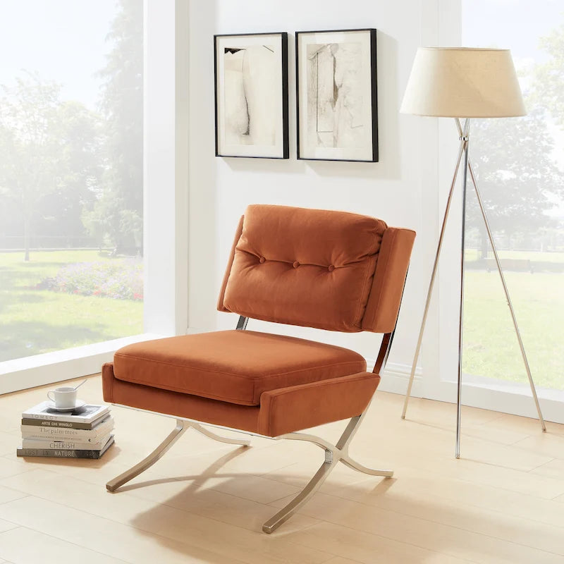 Fauteuil d'appoint sans accoudoirs en velours avec dossier capitonné et piètement en X