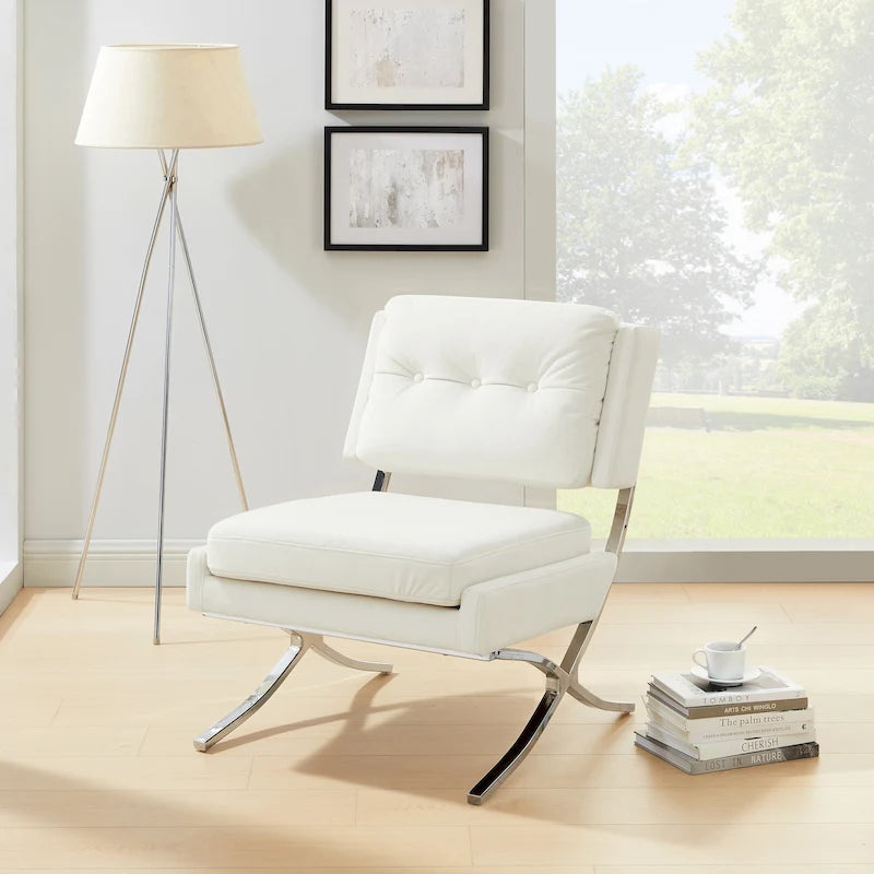 Fauteuil d'appoint sans accoudoirs en velours avec dossier capitonné et piètement en X