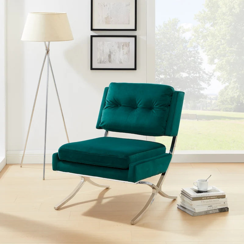 Fauteuil d'appoint sans accoudoirs en velours avec dossier capitonné et piètement en X