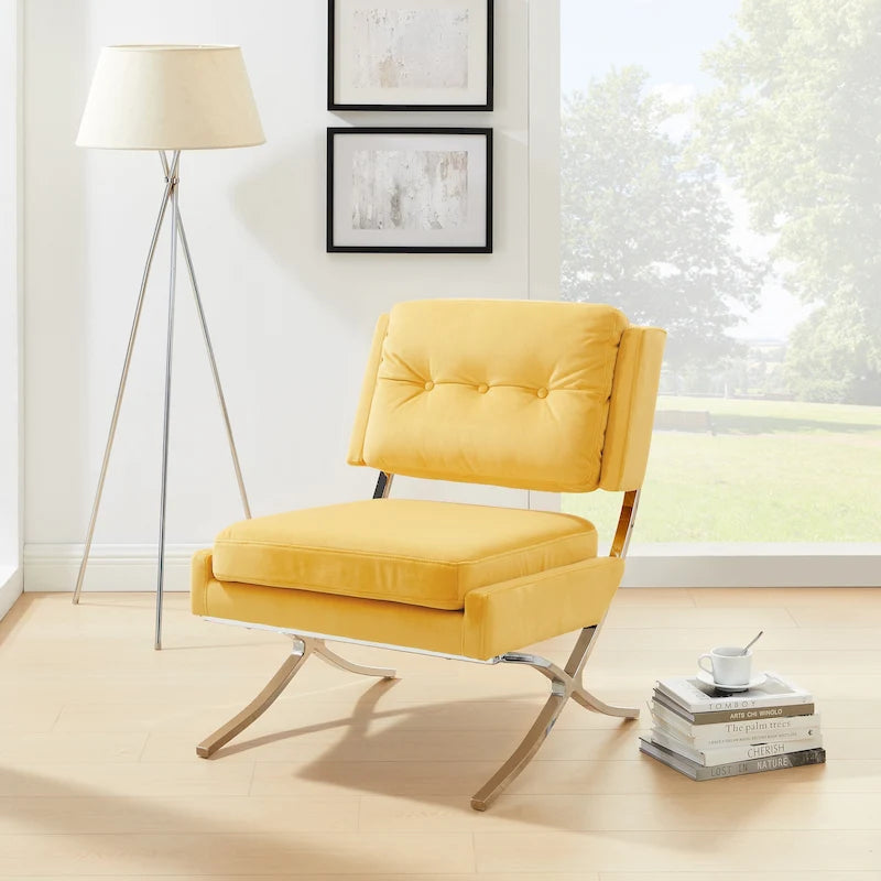Fauteuil d'appoint sans accoudoirs en velours avec dossier capitonné et piètement en X