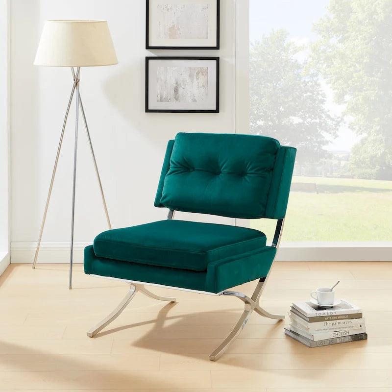 Fauteuil d'appoint sans accoudoirs en velours avec dossier capitonné et piètement en X