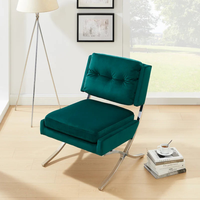 Fauteuil d'appoint sans accoudoirs en velours avec dossier capitonné et piètement en X