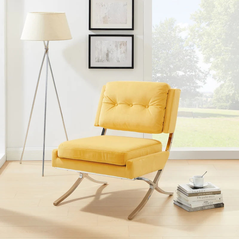 Fauteuil d'appoint sans accoudoirs en velours avec dossier capitonné et piètement en X