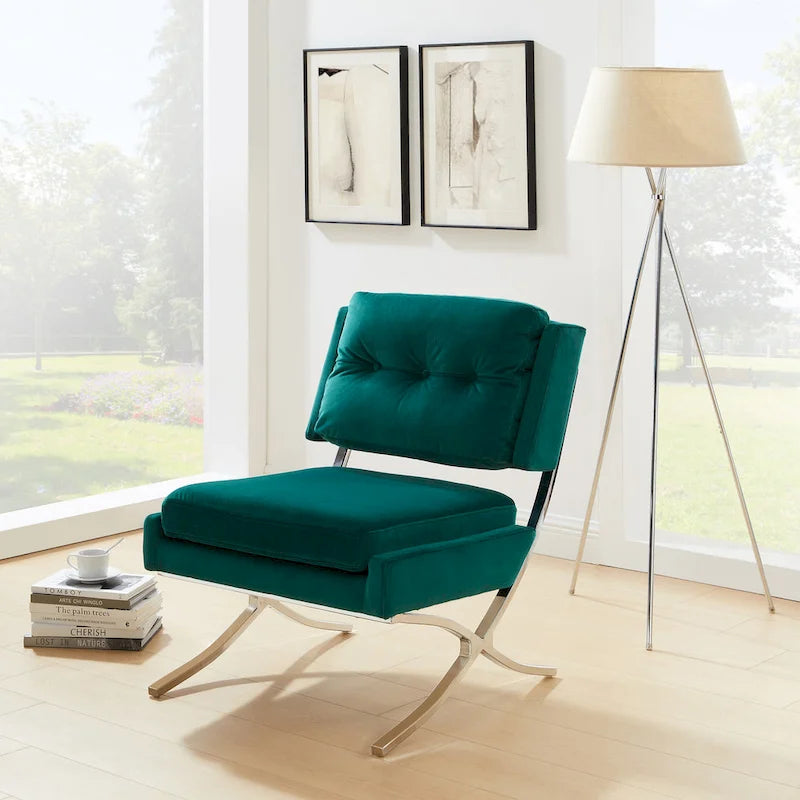 Fauteuil d'appoint sans accoudoirs en velours avec dossier capitonné et piètement en X