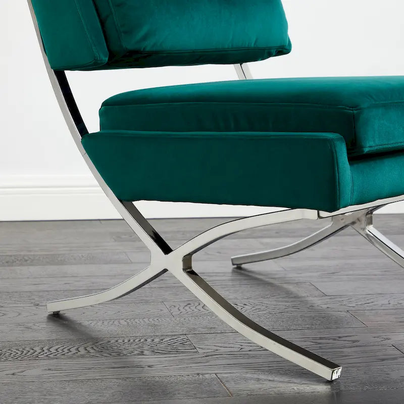 Fauteuil d'appoint sans accoudoirs en velours avec dossier capitonné et piètement en X