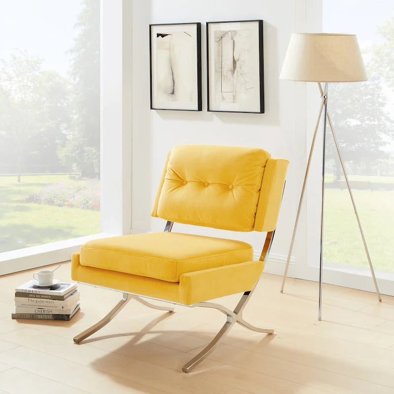 Fauteuil d'appoint sans accoudoirs en velours avec dossier capitonné et piètement en X
