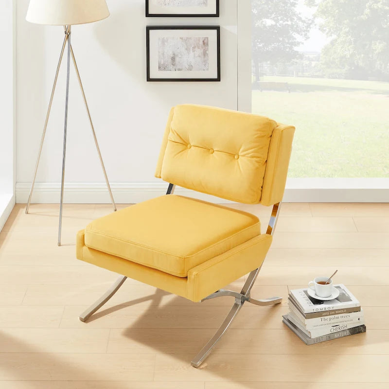 Fauteuil d'appoint sans accoudoirs en velours avec dossier capitonné et piètement en X
