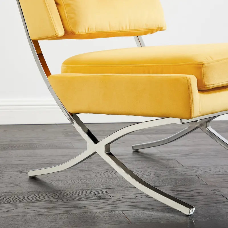 Fauteuil d'appoint sans accoudoirs en velours avec dossier capitonné et piètement en X