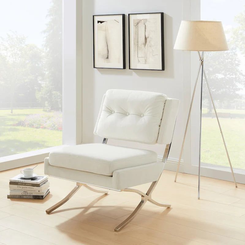 Fauteuil d'appoint sans accoudoirs en velours avec dossier capitonné et piètement en X