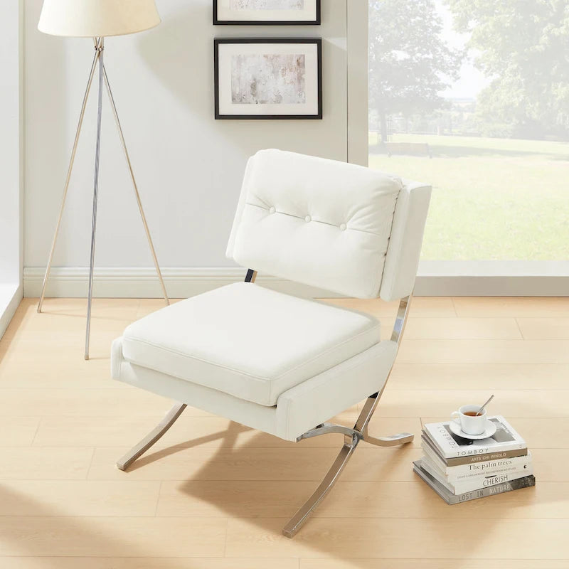 Fauteuil d'appoint sans accoudoirs en velours avec dossier capitonné et piètement en X