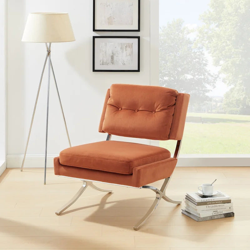 Fauteuil d'appoint sans accoudoirs en velours avec dossier capitonné et piètement en X