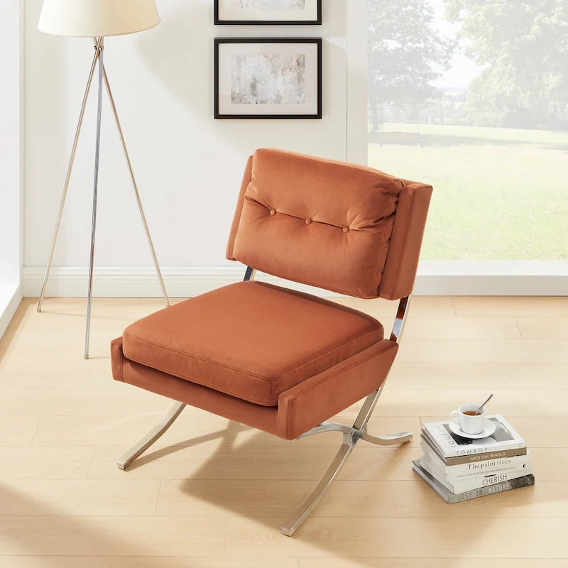 Fauteuil d'appoint sans accoudoirs en velours avec dossier capitonné et piètement en X