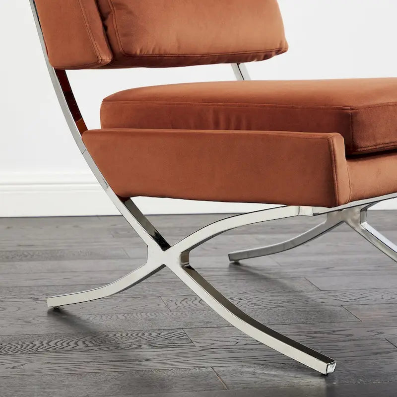 Fauteuil d'appoint sans accoudoirs en velours avec dossier capitonné et piètement en X
