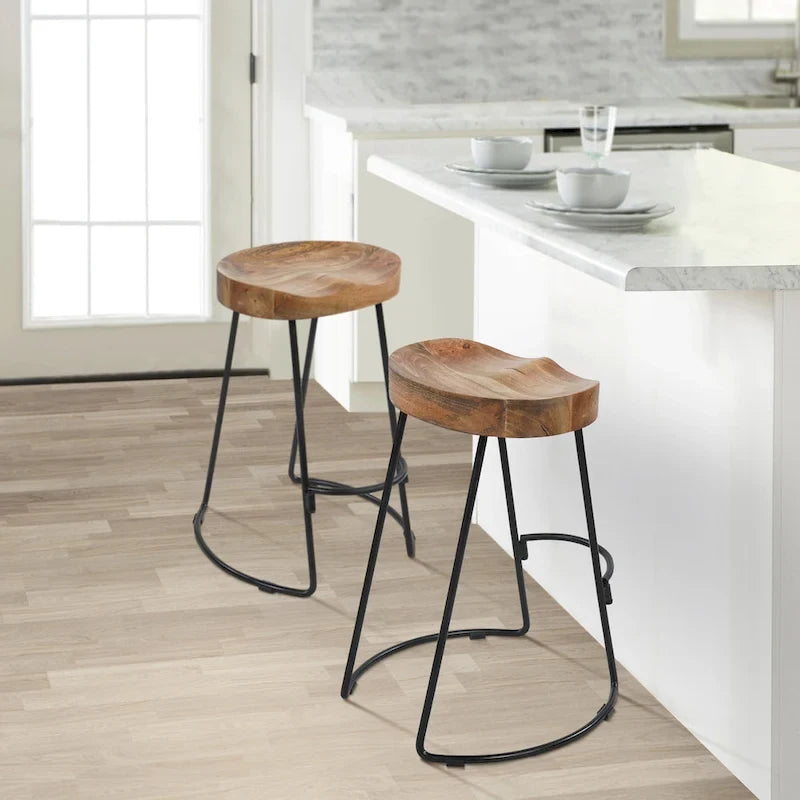 Tabouret de bar sans dossier de 24 pouces avec assise en bois de manguier et piètement en fer noir