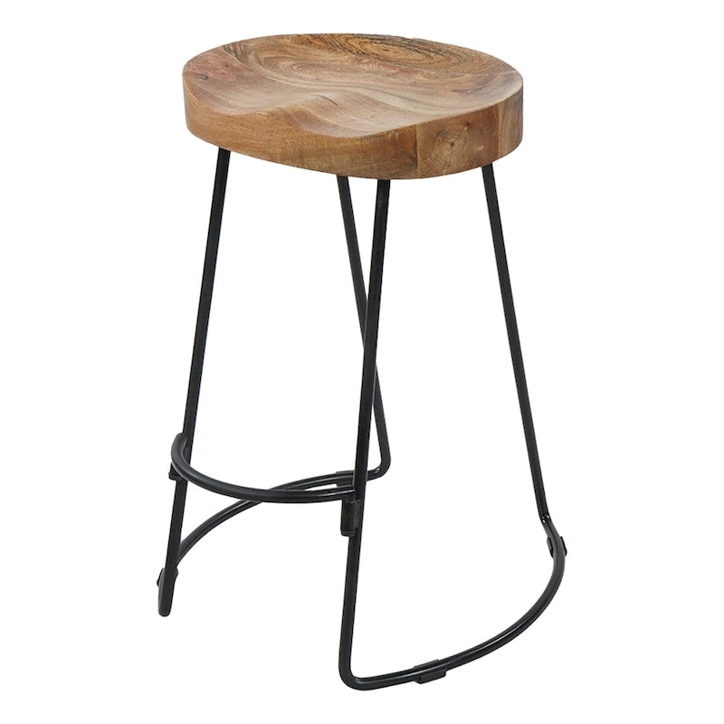Tabouret de bar sans dossier de 24 pouces avec assise en bois de manguier et piètement en fer noir