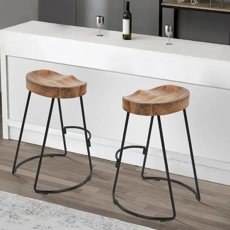 Tabouret de bar sans dossier de 24 pouces avec assise en bois de manguier et piètement en fer noir