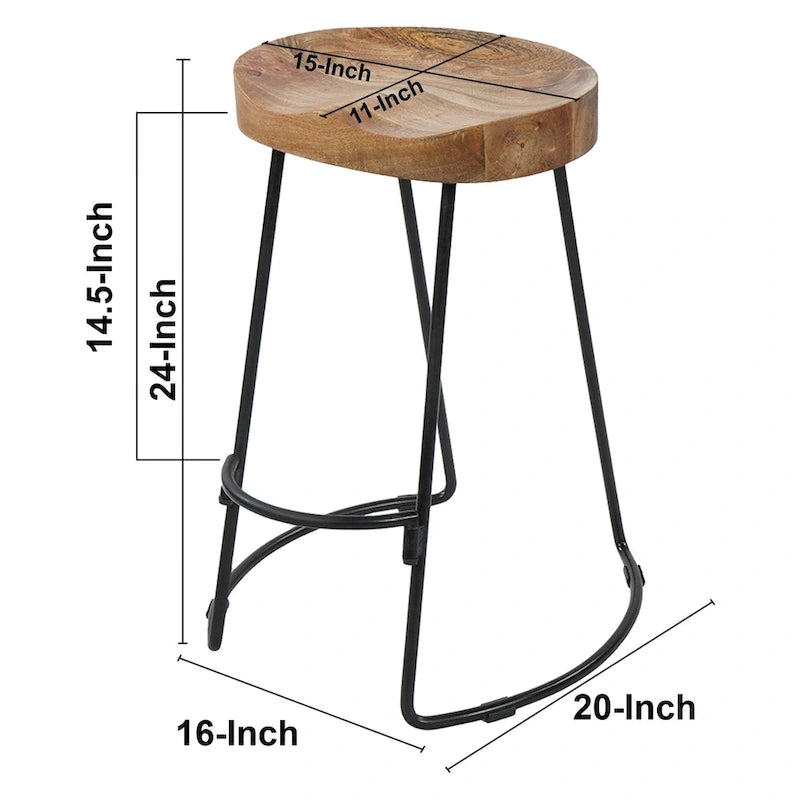 Tabouret de bar sans dossier de 24 pouces avec assise en bois de manguier et piètement en fer noir
