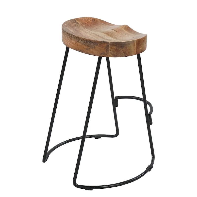 Tabouret de bar sans dossier de 24 pouces avec assise en bois de manguier et piètement en fer noir