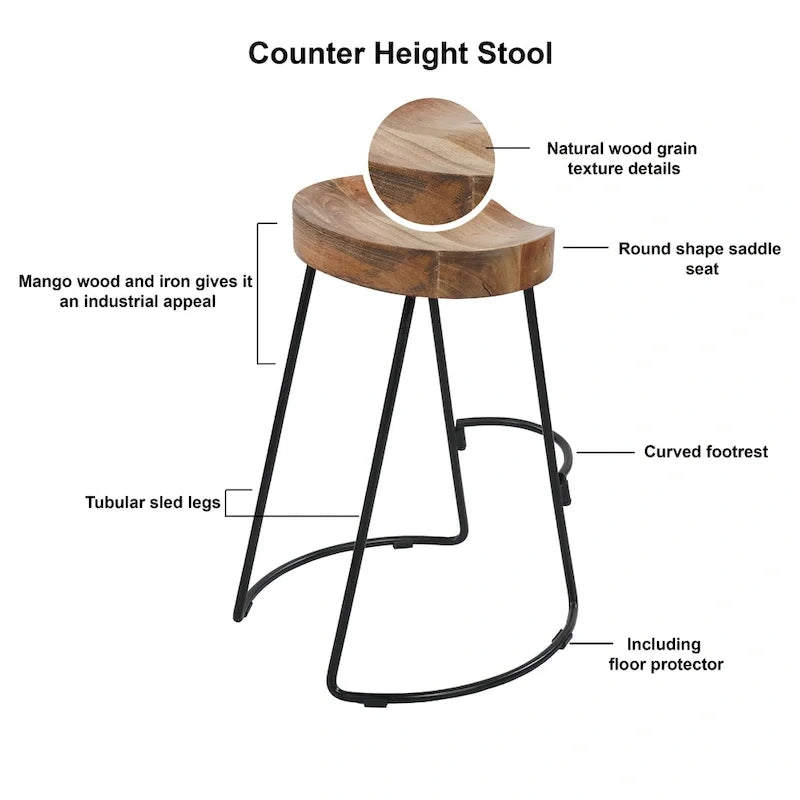 Tabouret de bar sans dossier de 24 pouces avec assise en bois de manguier et piètement en fer noir