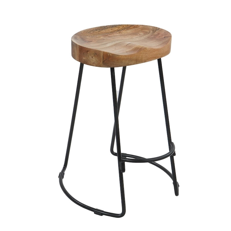 Tabouret de bar sans dossier de 24 pouces avec assise en bois de manguier et piètement en fer noir