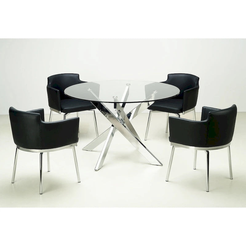 Table à manger ronde en verre trempé avec piètement croisé en chrome