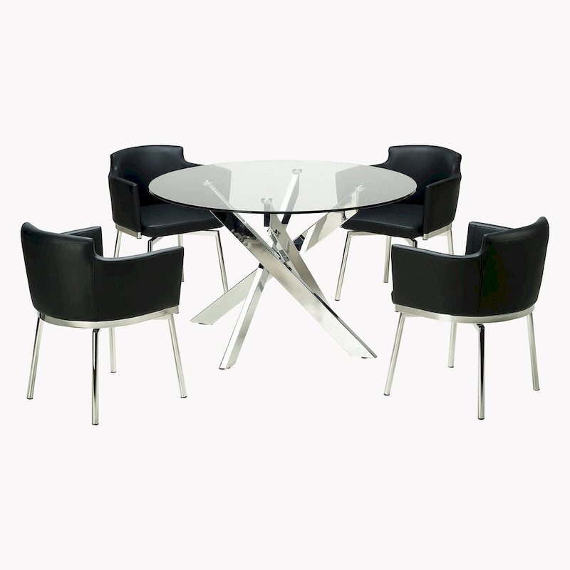 Table à manger ronde en verre trempé avec piètement croisé en chrome