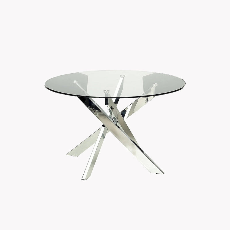 Table à manger ronde en verre trempé avec piètement croisé en chrome