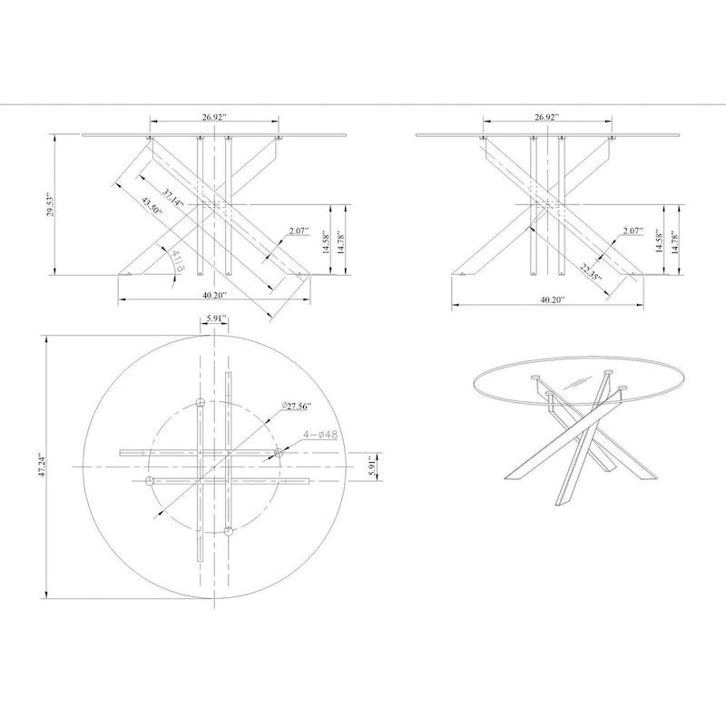 Table à manger ronde en verre trempé avec piètement croisé en chrome