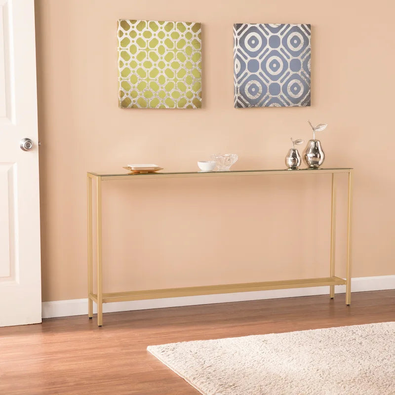 Console étroite avec plateau en verre miroir biseauté et cadre en métal