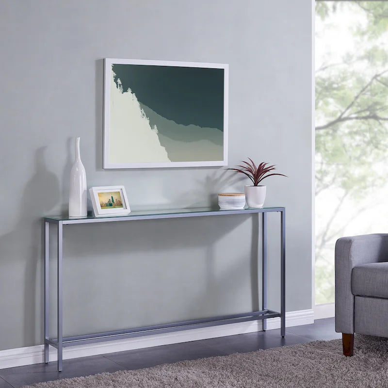 Console étroite avec plateau en verre miroir biseauté et cadre en métal