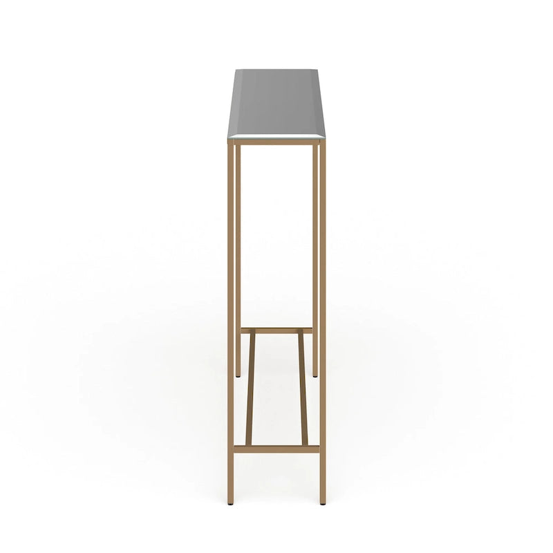 Console étroite avec plateau en verre miroir biseauté et cadre en métal