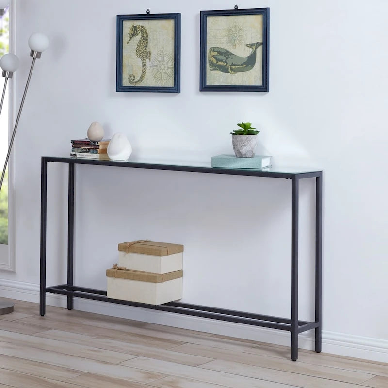 Console étroite avec plateau en verre miroir biseauté et cadre en métal