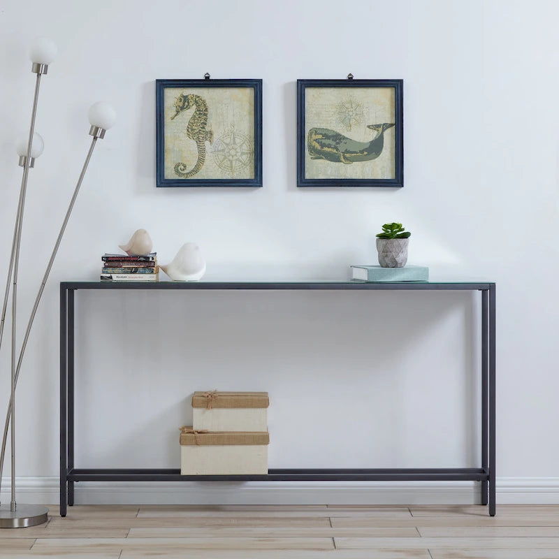 Console étroite avec plateau en verre miroir biseauté et cadre en métal