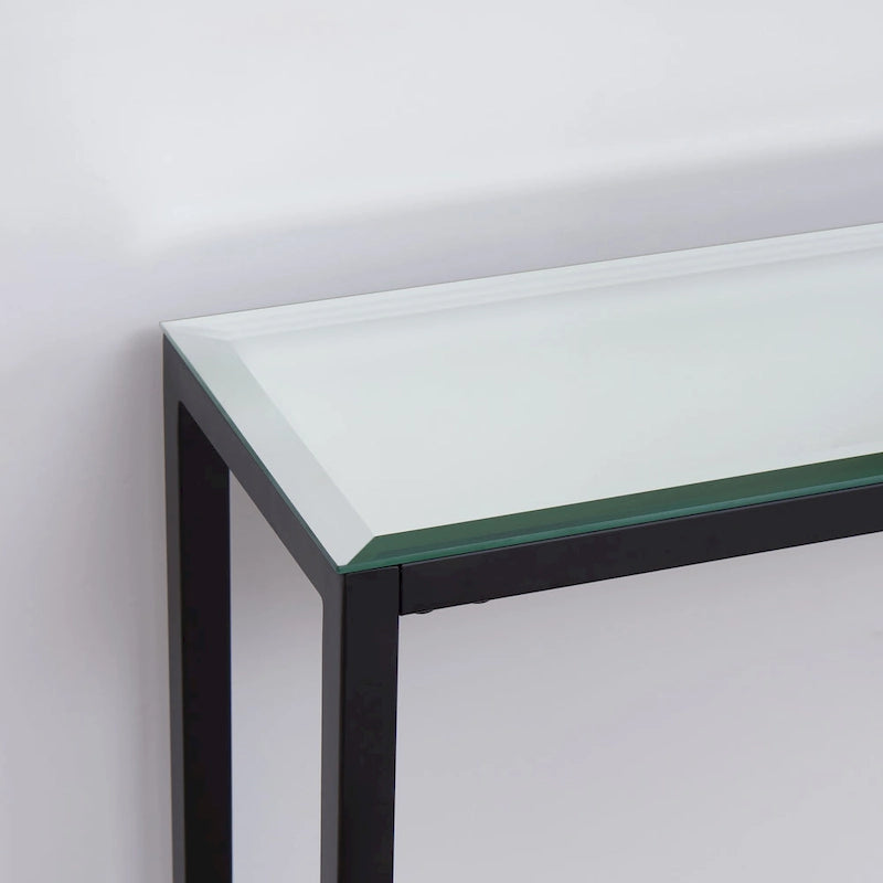 Console étroite avec plateau en verre miroir biseauté et cadre en métal