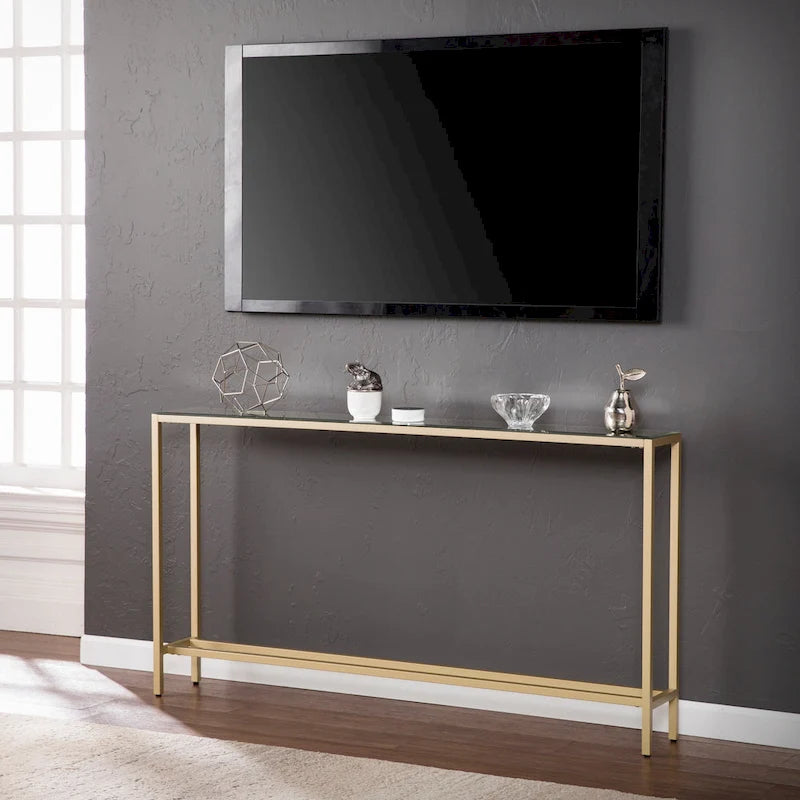 Console étroite avec plateau en verre miroir biseauté et cadre en métal