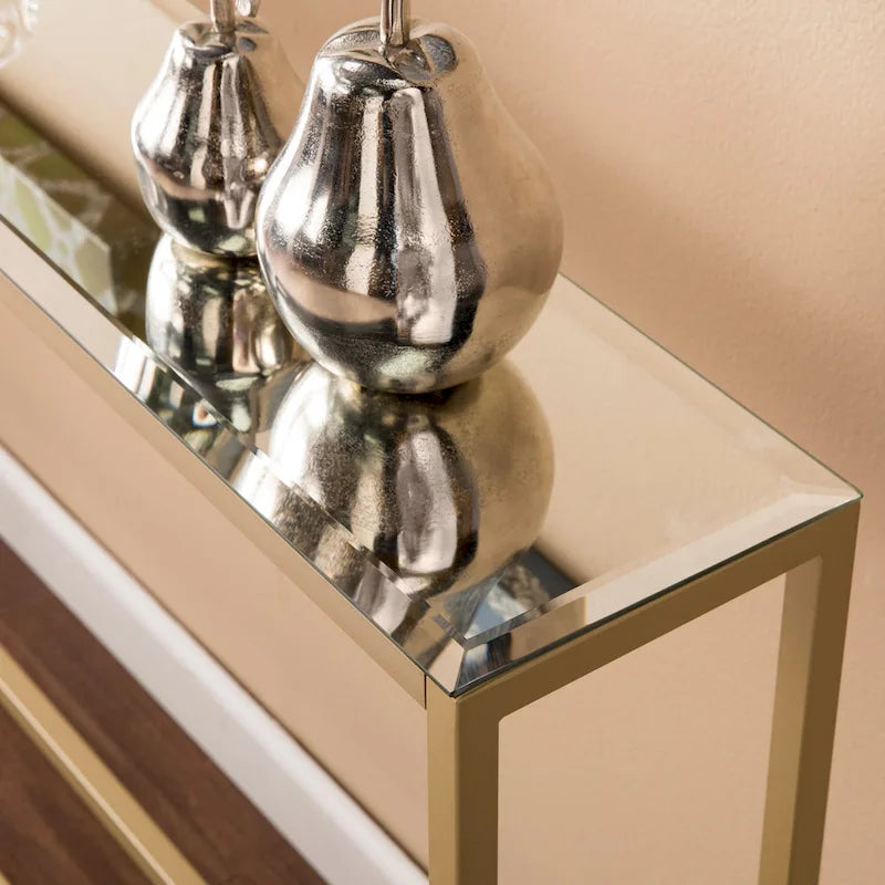 Console étroite avec plateau en verre miroir biseauté et cadre en métal