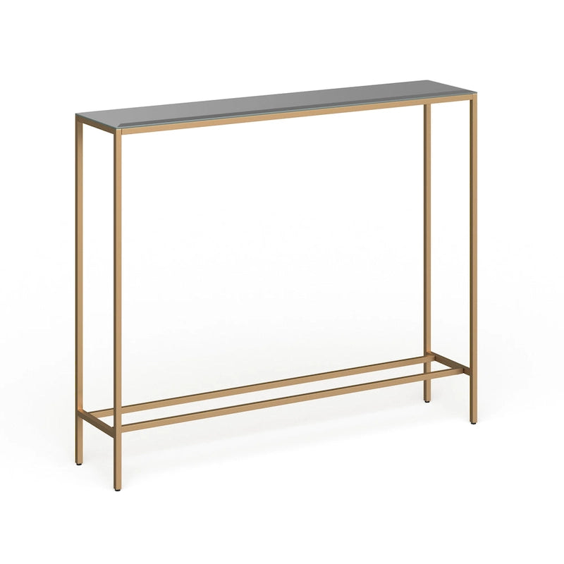 Console étroite avec plateau en verre miroir biseauté et cadre en métal