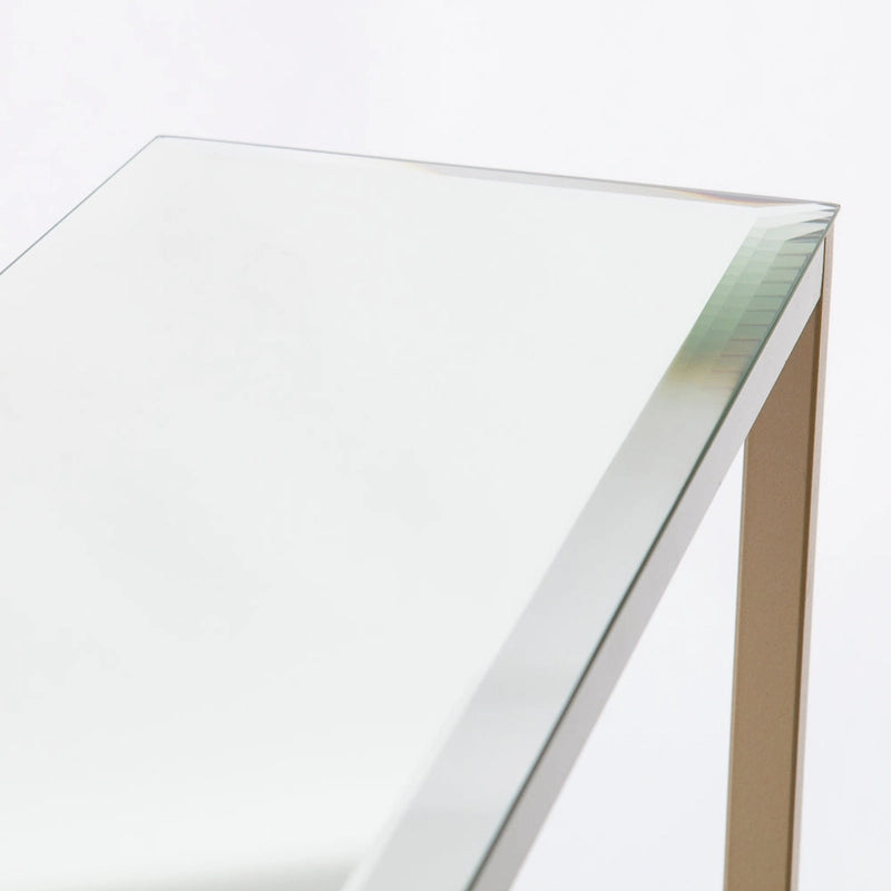 Console étroite avec plateau en verre miroir biseauté et cadre en métal