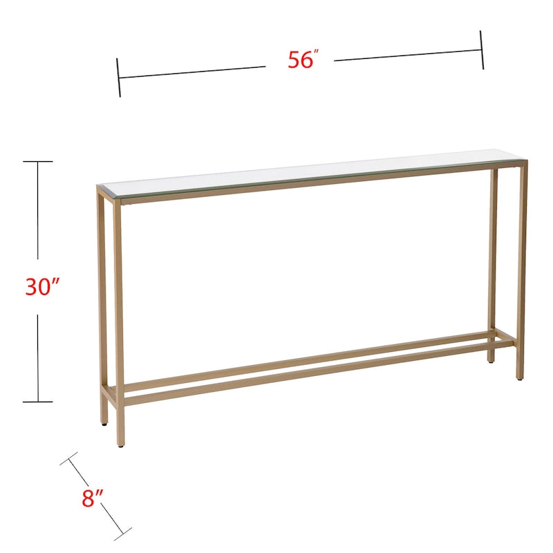 Console étroite avec plateau en verre miroir biseauté et cadre en métal