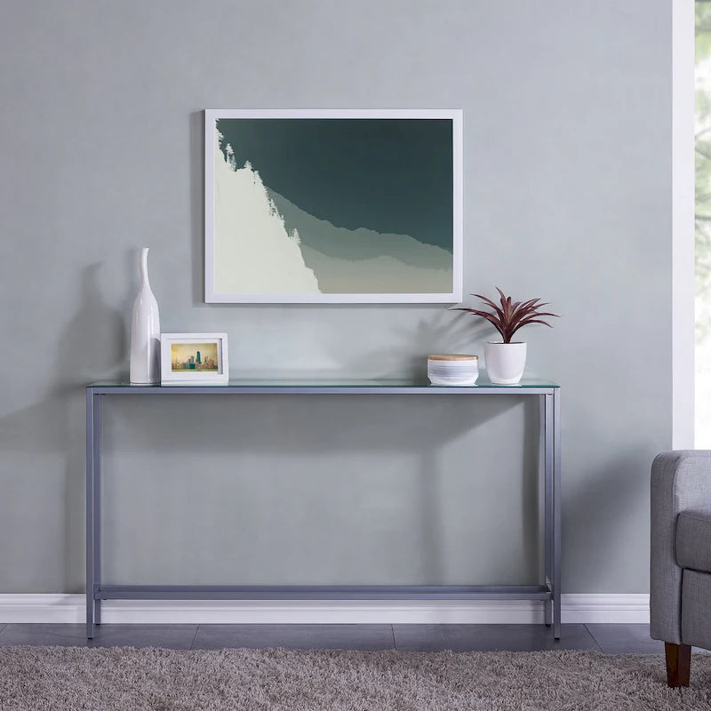 Console étroite avec plateau en verre miroir biseauté et cadre en métal